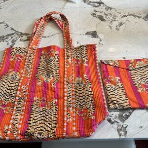 Tibetan Tiger Quilted Tote Bag & Insert - Orange/Pink Striped